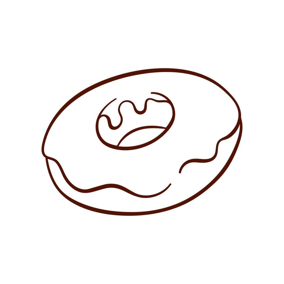 Donut with icing in line art style. Simple cupcake icon for logo, bakery and cafe menu. Vector illustration isolated on a white background.