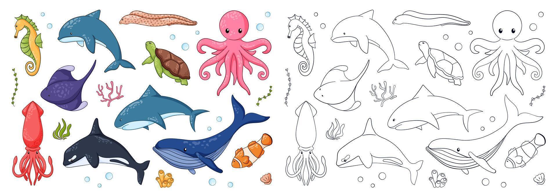 submarino animales conjunto para colorante libro en dibujos animados y línea Arte estilo. azul ballena, payaso pez, delfín, asesino ballena, morena, pulpo, mar caballo, calamar, mantarraya, tortuga. vector ilustración.