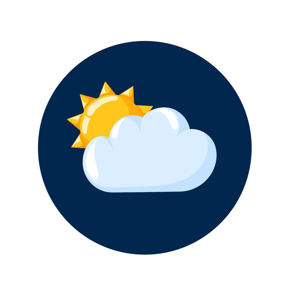 Cloud with sun cartoon icon. Hand drawn weather, forecast logo. Vector illustration isolated on a white with blue background.