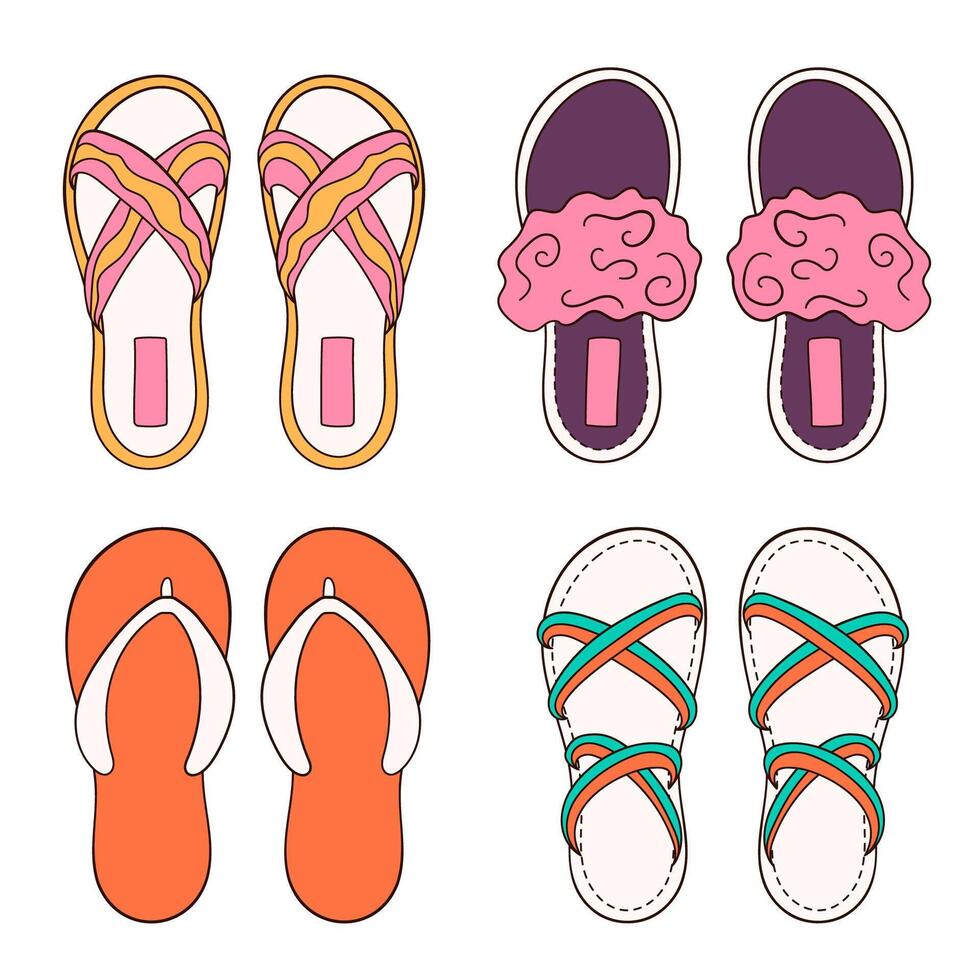 Female, women shoes collection for summer and home in cartoon style. Flat casual footwear. Vector illustration isolated on a white background.