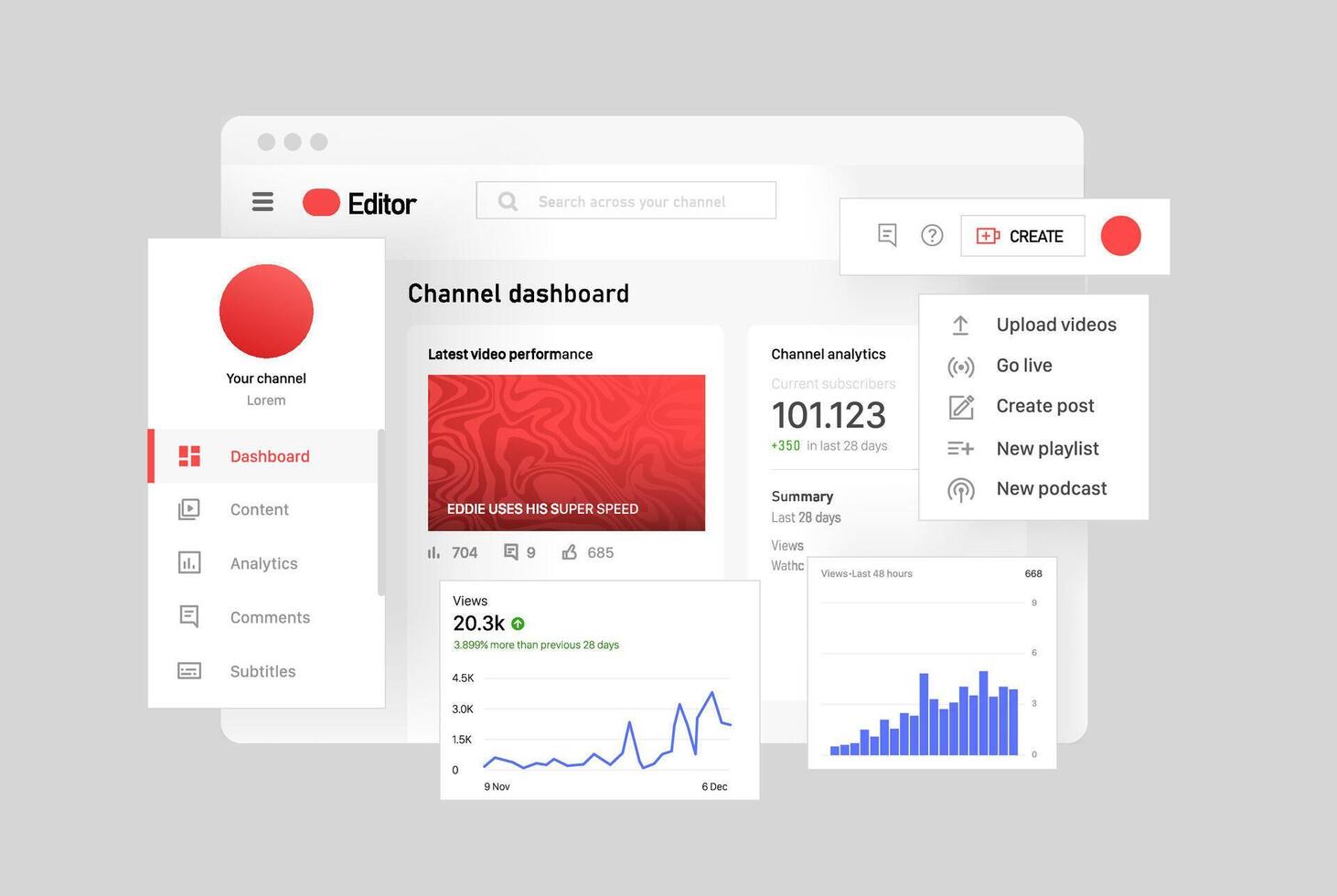 Control Panel for working on the Channel. Dashboard. Vector illustration. Online video editing program