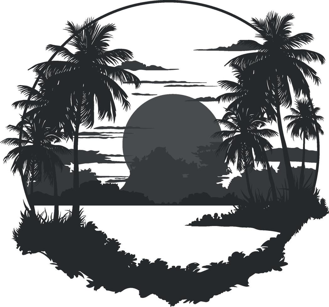 black silhouette of an island with palm trees vector