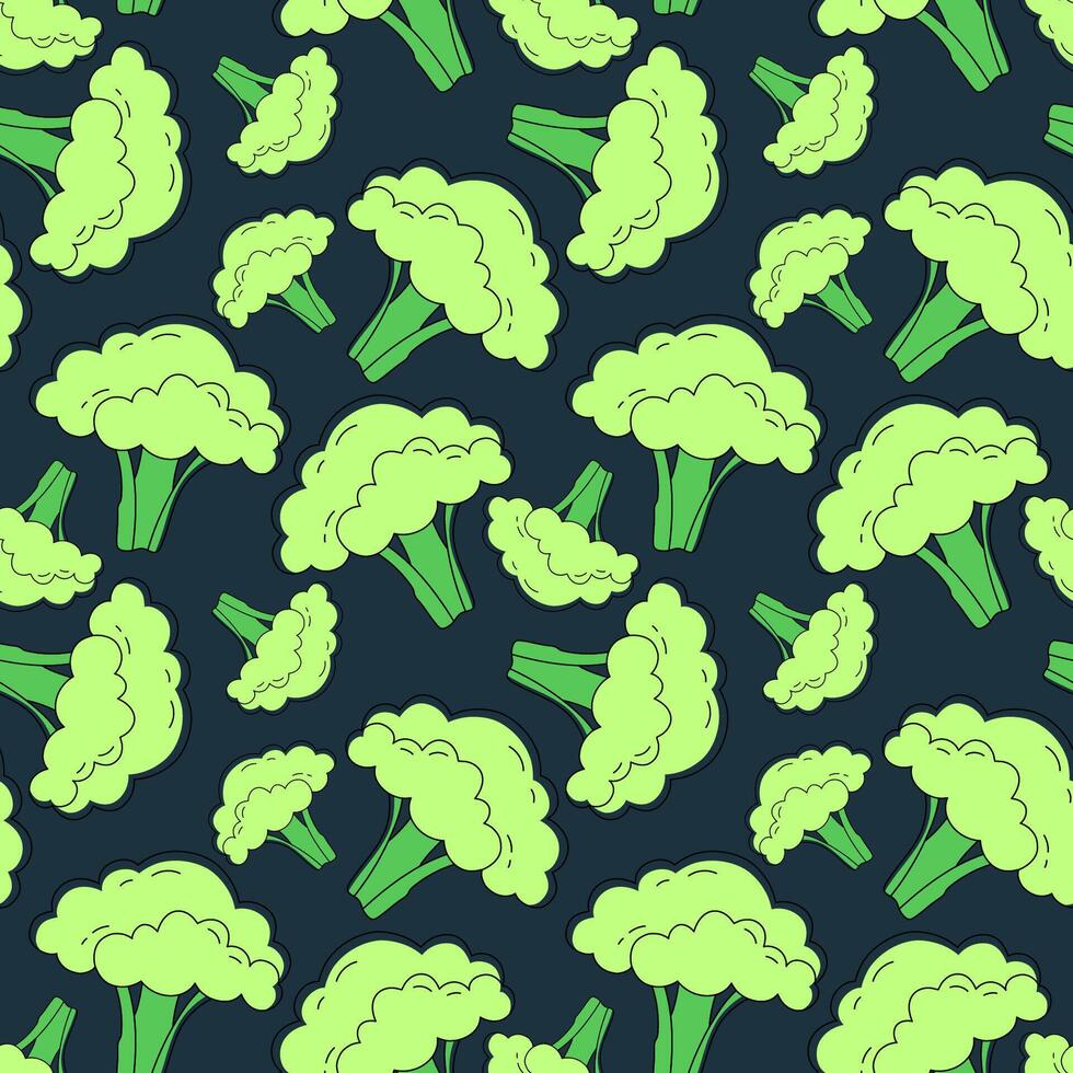 Vector seamless pattern of broccoli on a dark background. Drawing for banner, background or textile.