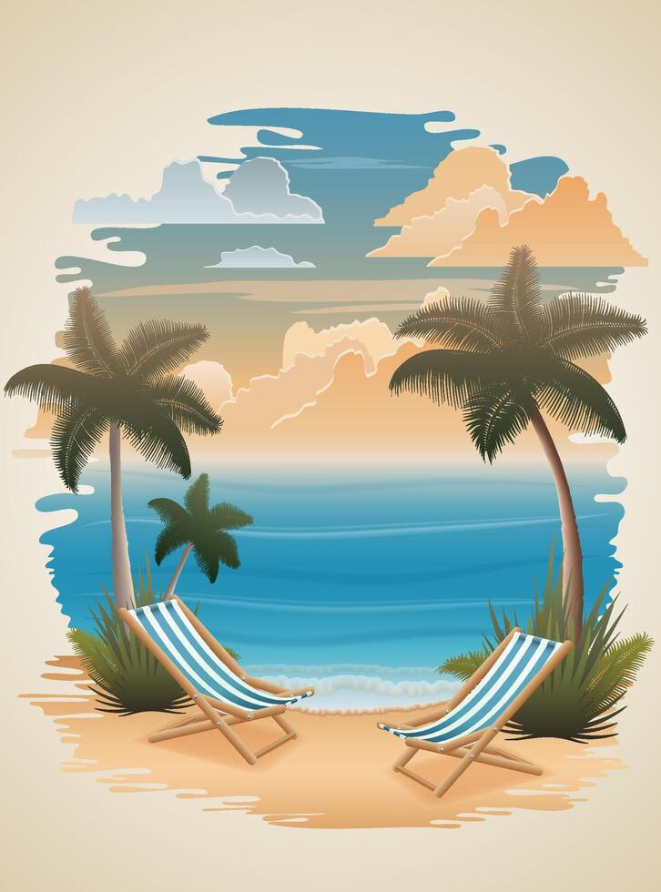 tropical seascape with sand beach sea waves sky and clouds vector illustration isolated on background