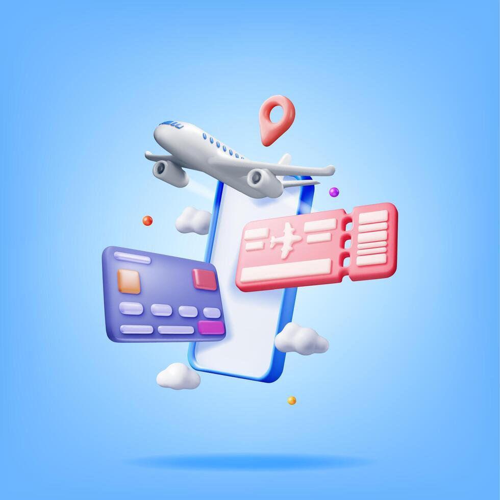 3d Airline Ticket, Airplane and Phone. Render Paper Ticket with Plane Icon, Tear Line and Barcode. Online Booking, Search Tickets App. Holiday or Vacation. Transportation Document. Vector Illustration