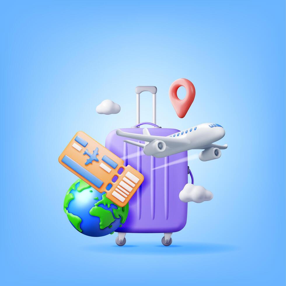 3d Airline Ticket, Travel Bag, Globe and Airplane. Render Paper Ticket with Plane Icon, Suitcase and Planet Earth. Travel Element. Holiday or Vacation. Transportation Document. Vector Illustration