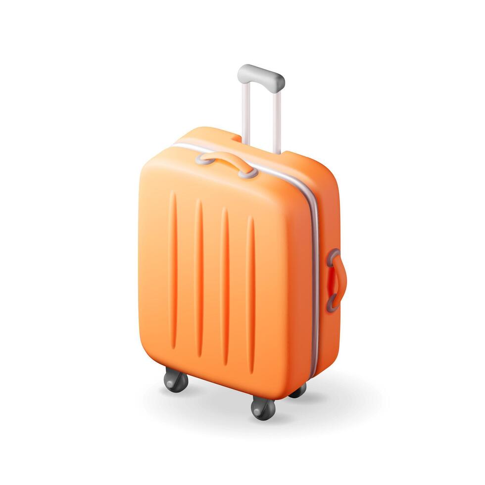 3D Orange Travel Suitcase Isolated on White. Render Plastic Bag. Travel or Journey Concept. Plastic Case. Trolley on Wheels. Travel Baggage and Luggage. Realistic Vector Illustration