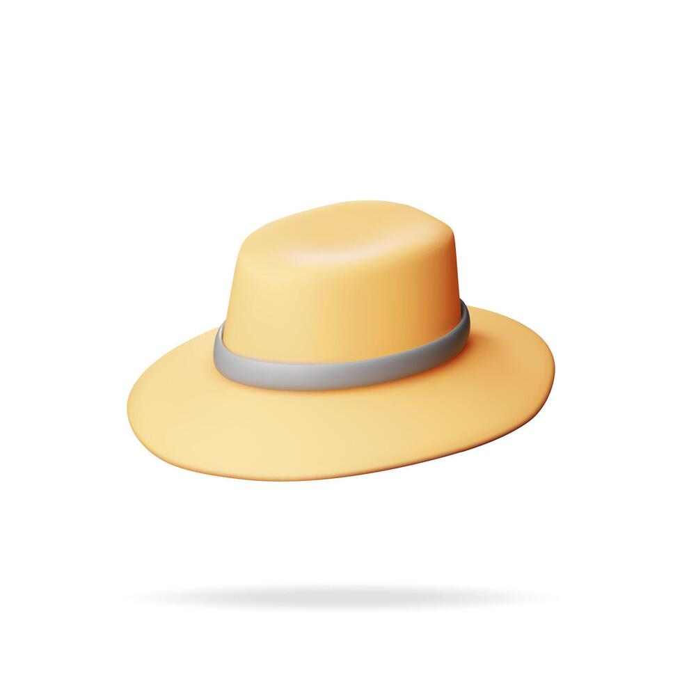 3d Unisex Straw Hat Isolated on White. Render Straw Sunhat with Ribbon. Yellow Summer Bonnet. Concept of Summer Vacation or Holiday, Time to Travel. Beach Relaxation. Realistic Vector Illustration