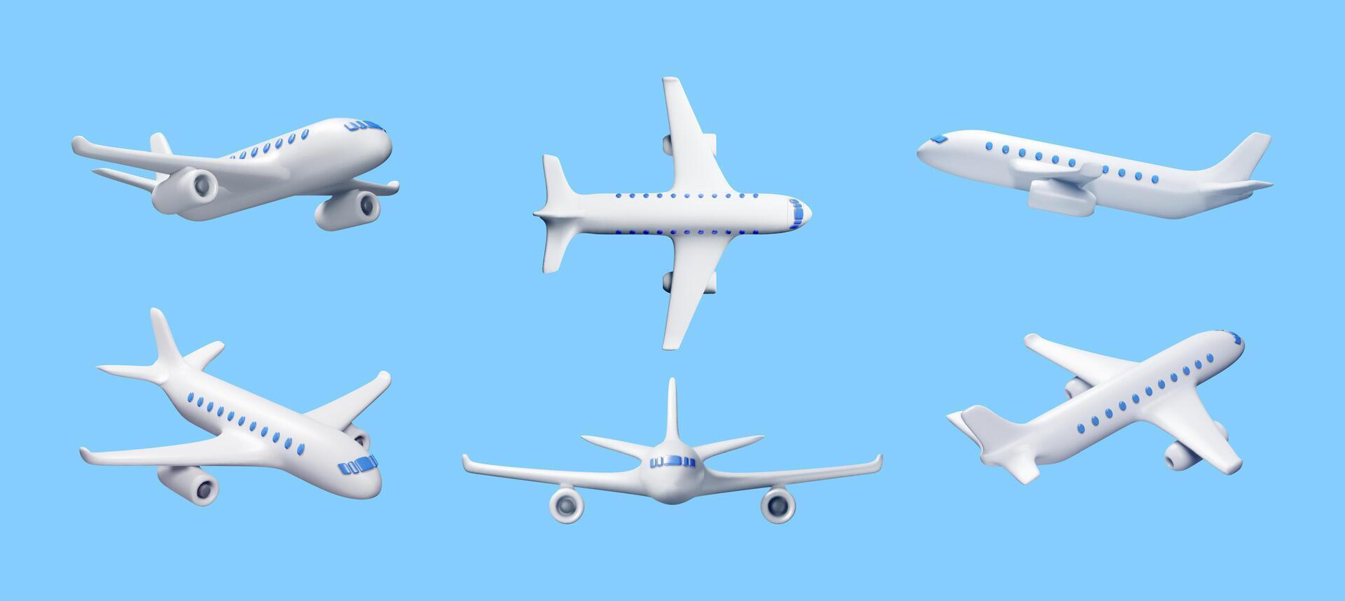 3d conjunto de blanco realista avión aislado. hacer colección de pasajero o comercial chorro icono. hora para viaje concepto. de viaje reserva agencia, aerolíneas. fiesta vacaciones. vector ilustración