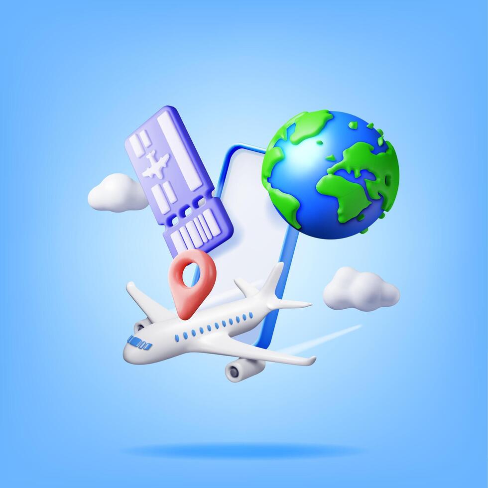 3d Airline Ticket, Airplane and Phone. Render Paper Ticket with Plane Icon, Tear Line and Barcode. Online Booking, Search Tickets App. Holiday or Vacation. Transportation Document. Vector Illustration