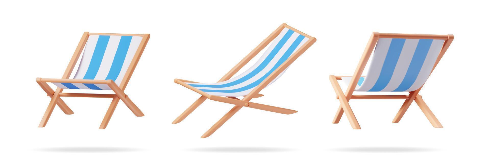 3d conjunto de de madera coche postal salón aislado. hacer colección de Dom haragán, silla de cubierta, cama solar, playa silla. madera a rayas cubierta para broncearse en vacaciones. vector ilustración