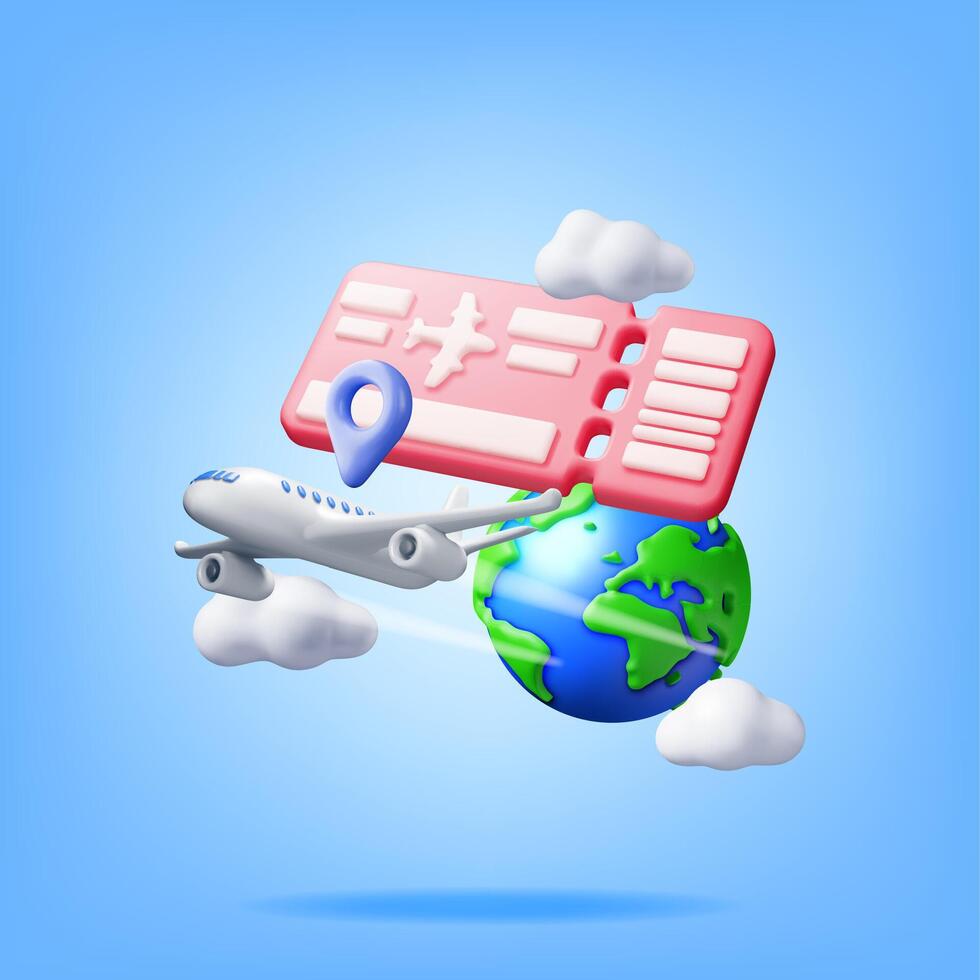 3d Airline Ticket or Boarding Pass, Globe and Airplane. Render Paper Ticket with Plane Icon, Tear Line and Barcode. Travel Element. Holiday or Vacation. Transportation Document. Vector Illustration