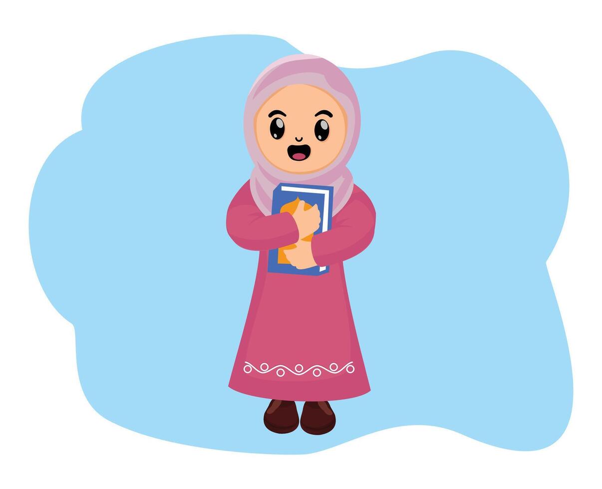 cute muslim kid girl hold holy quran celebrating ramadan vector