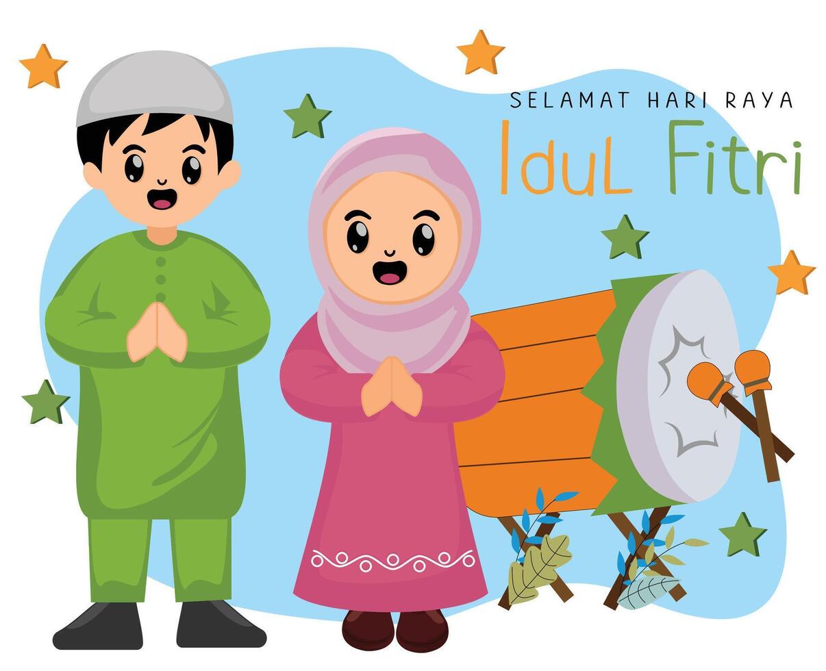 cute boy and girl muslim celebrating happy eid al fitr mubarak with percussion vector