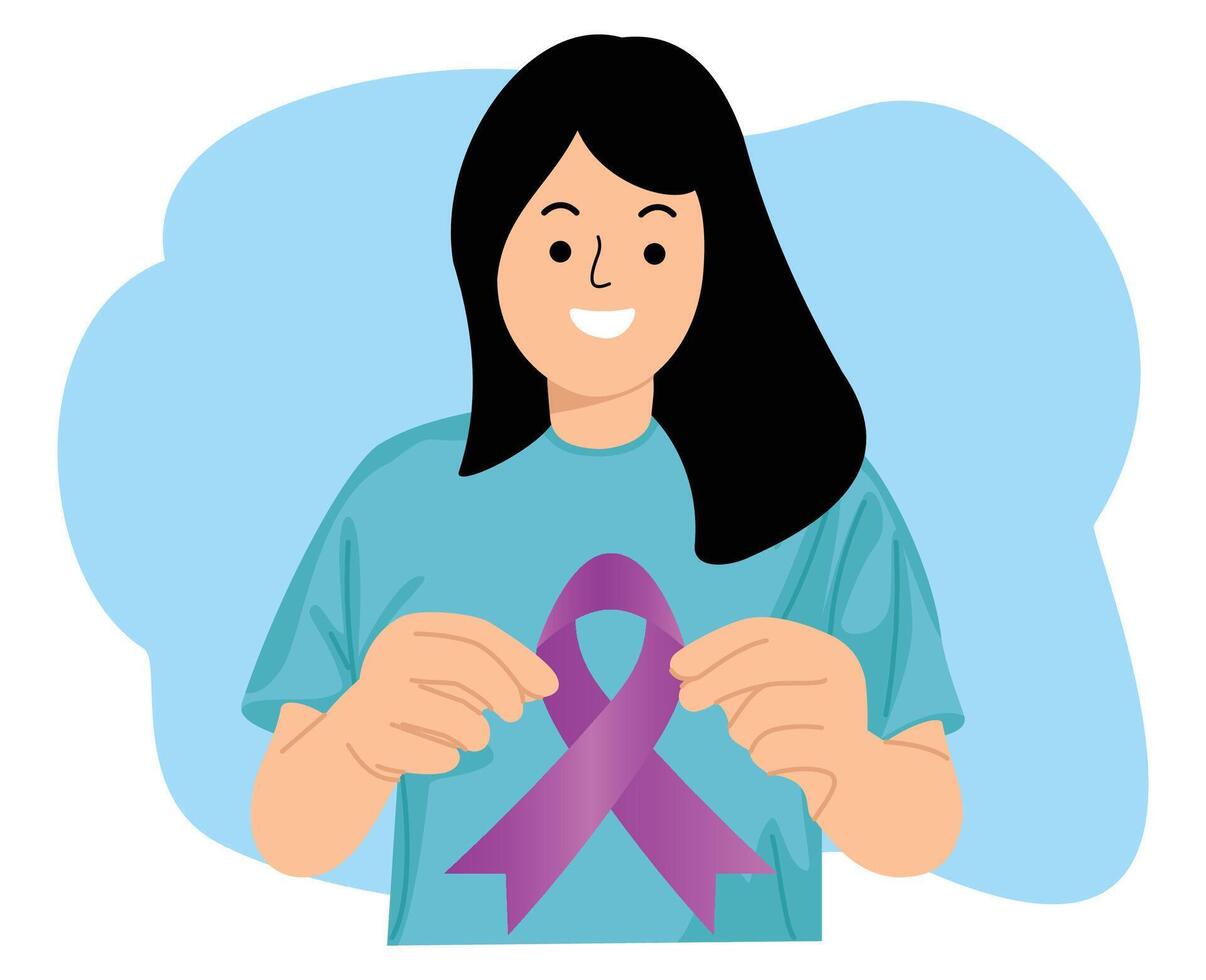 young woman hold ribbon respect to world cancer day vector