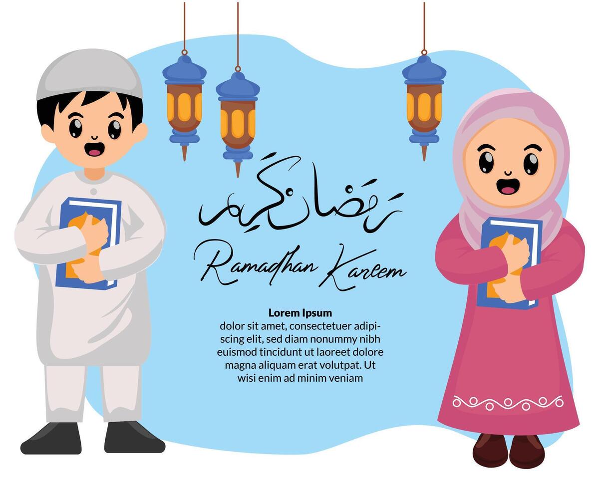 cute muslim kid boy and girl hold holy quran celebrating ramadan vector