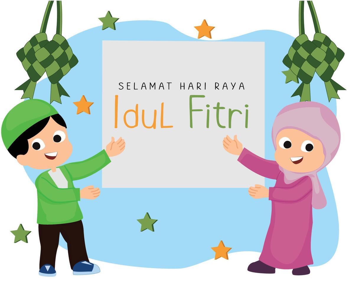 cute muslim boy and girl celebration happy eid al fitr vector