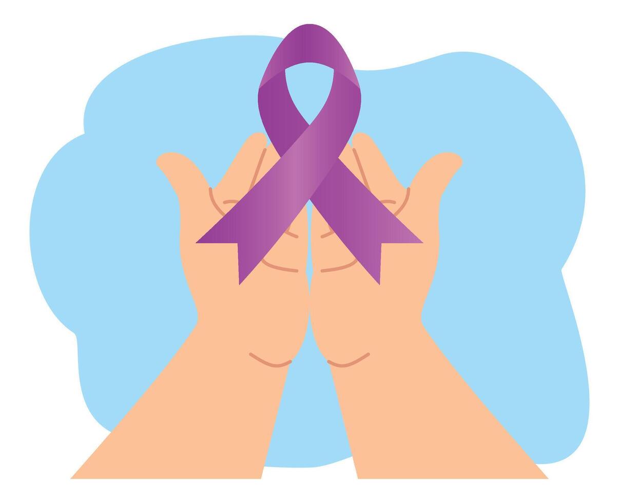 illustration hand holding ribbon for world cancer day or Hands holding Purple ribbons respect to world cancer day vector