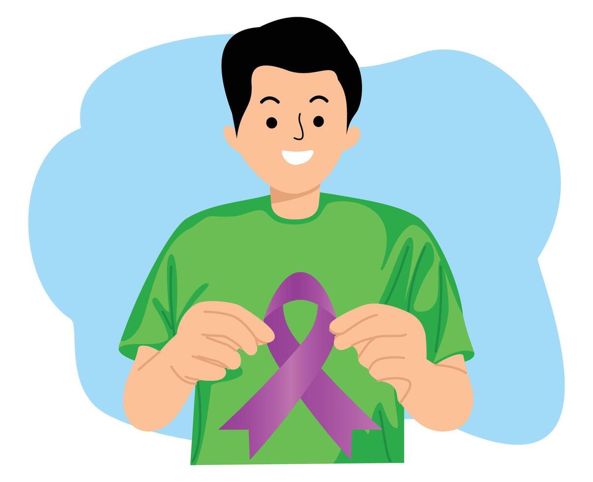 young man hold ribbon respect to world cancer day or awareness ribbons World Cancer Day vector