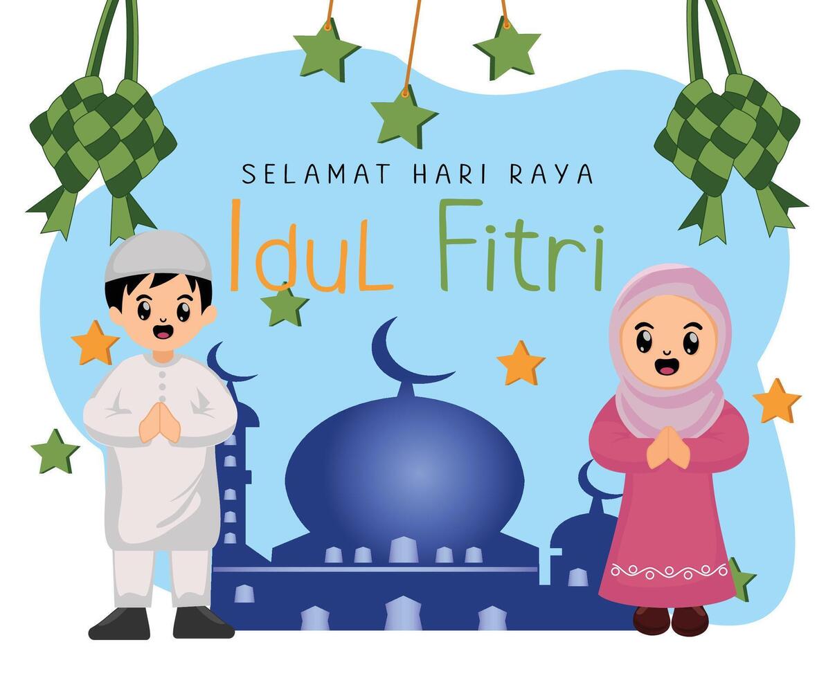 cute muslim boy and girl celebration eid al fitr vector