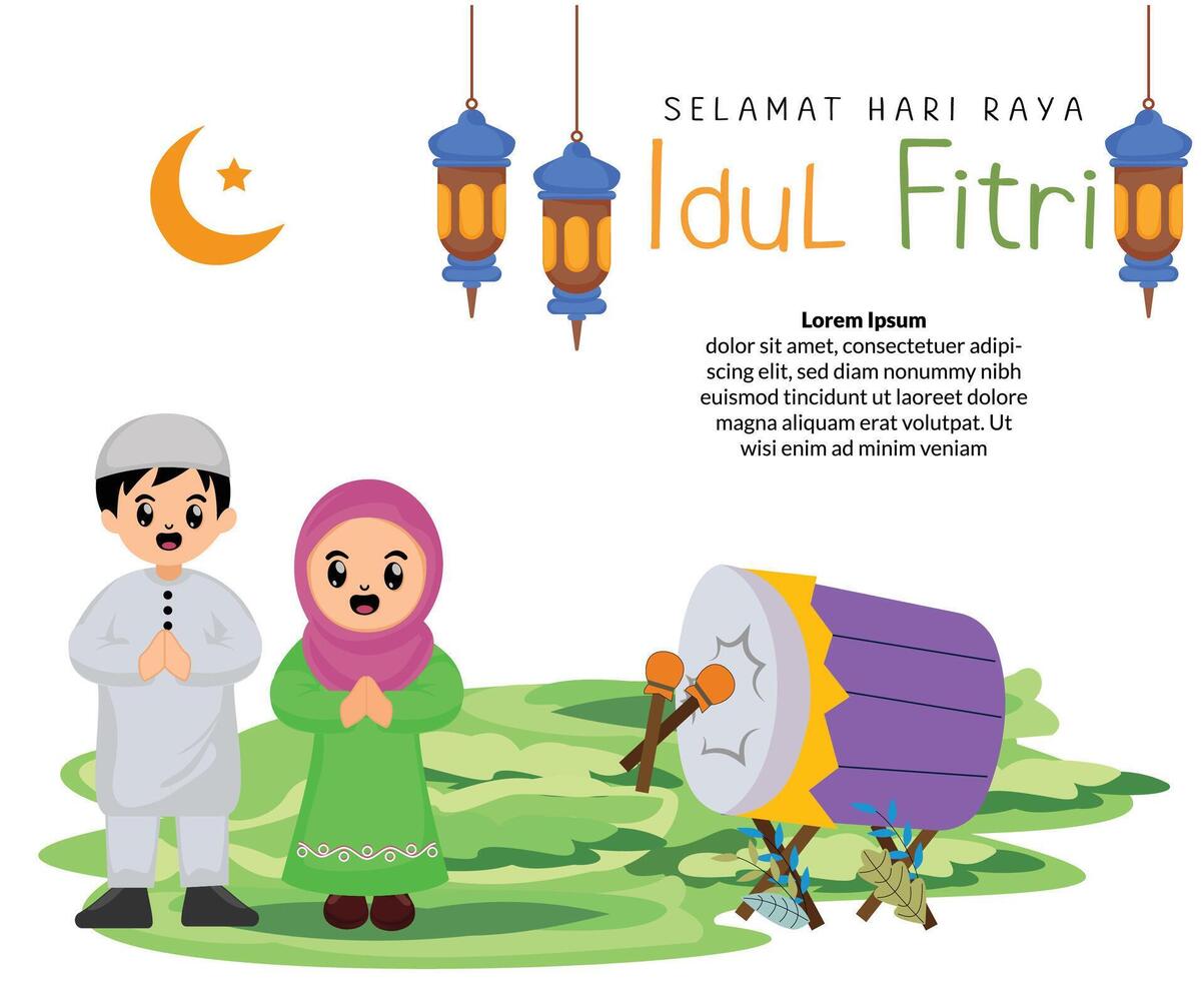 muslim couple apologizing in mosque and percussion while celebrating happy eid al fitr mubarak big day of islamic religion flat style design vector