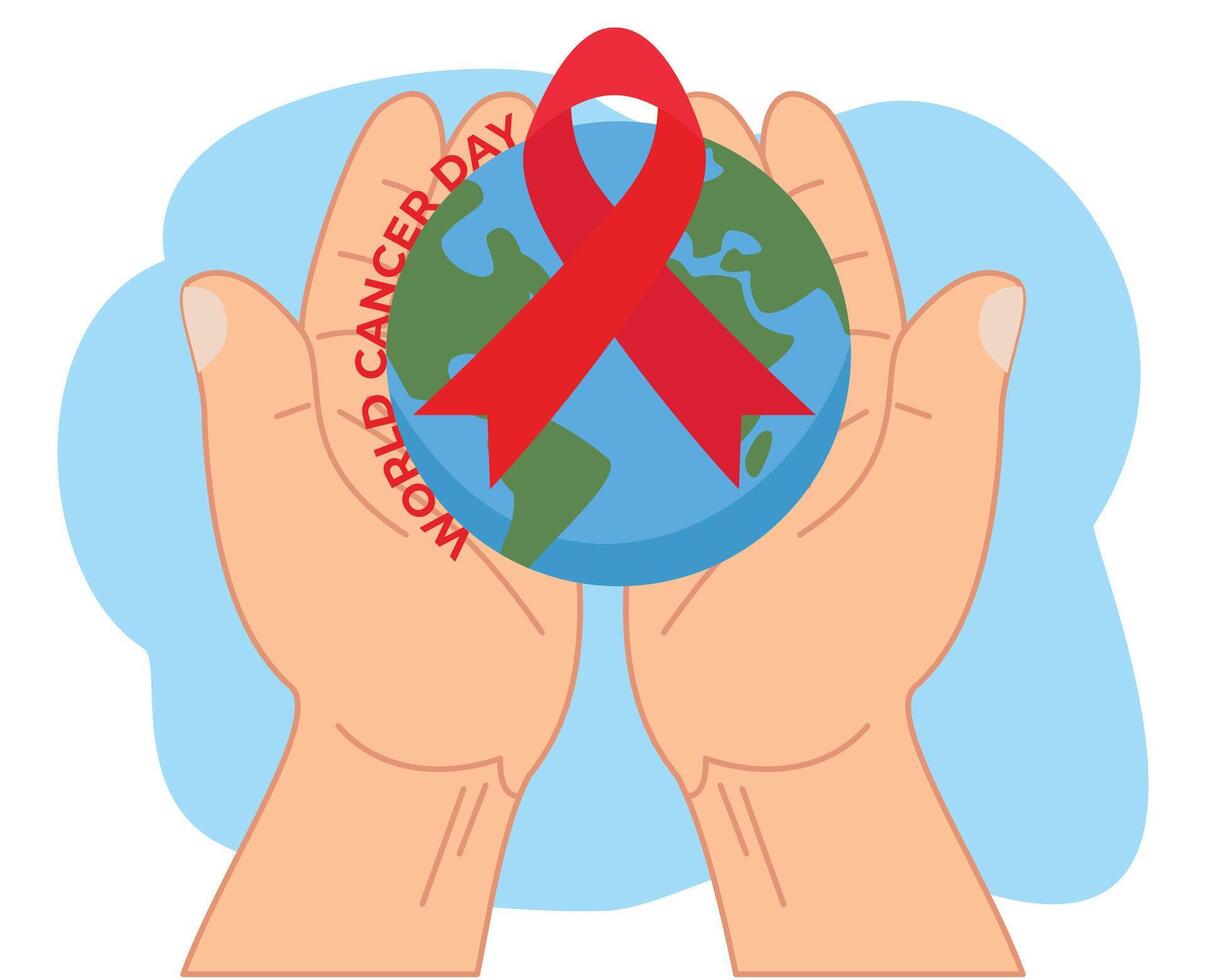 world cancer day poster with hand hold earth and red ribbon vector