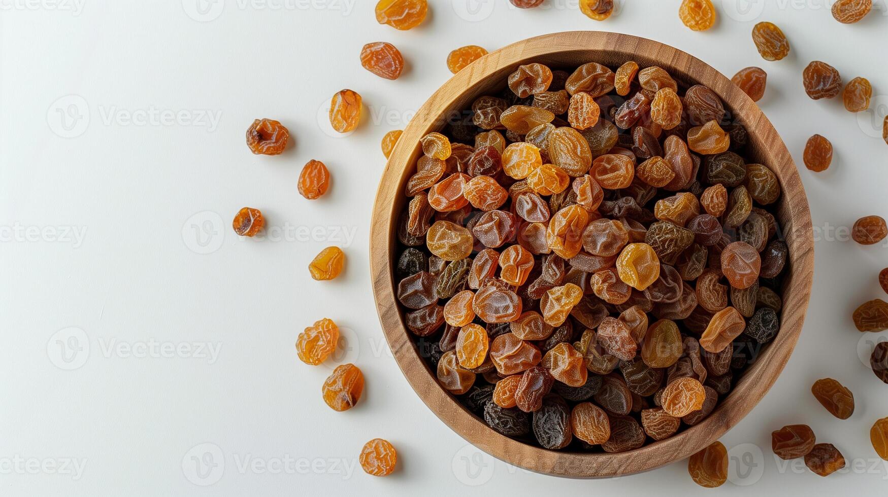 AI generated Raisins in a wooden bowl photo