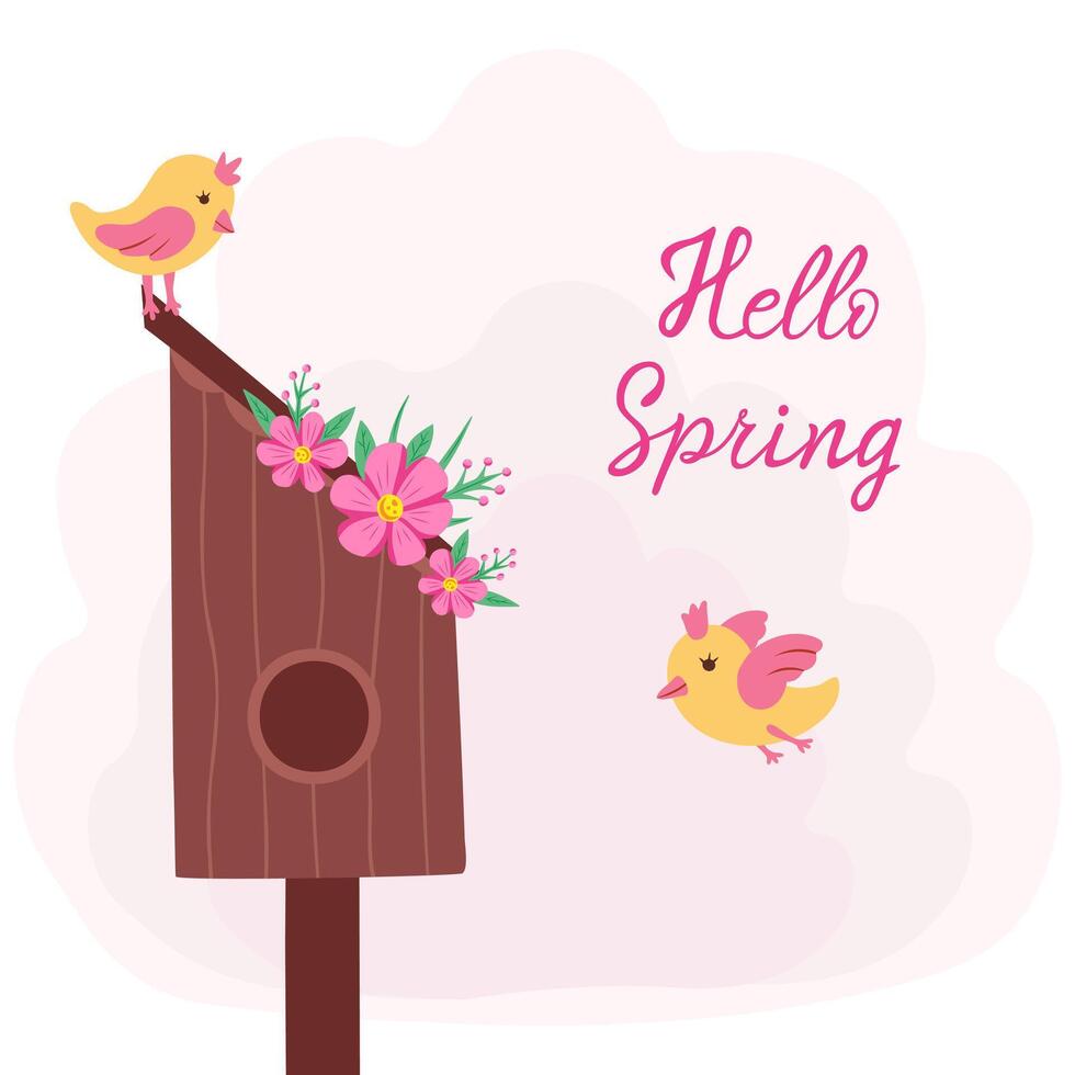 hello spring, birdhouse and birds. Illustration for printing, backgrounds, covers and packaging. Image can be used for cards, posters, stickers and textile. Isolated on white background. vector