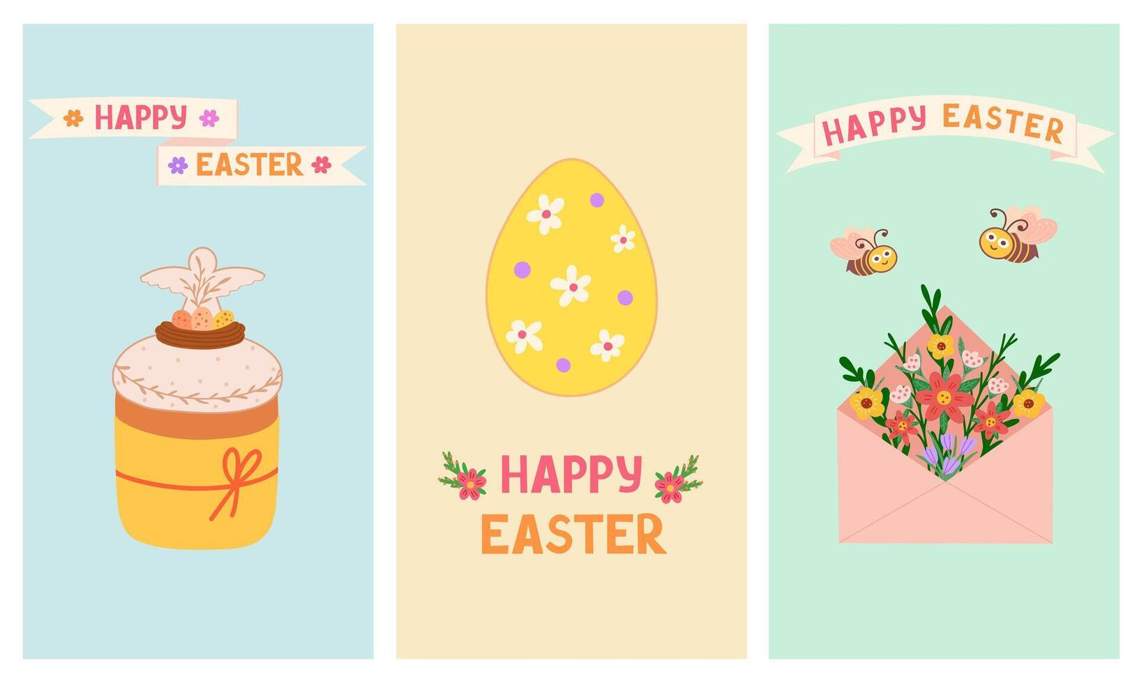 Happy Easter greeting cards, Easter egg, envelope with flowers, cake with angel. Illustration for backgrounds and packaging. Image can be used for cards, posters. Isolated on white background. vector