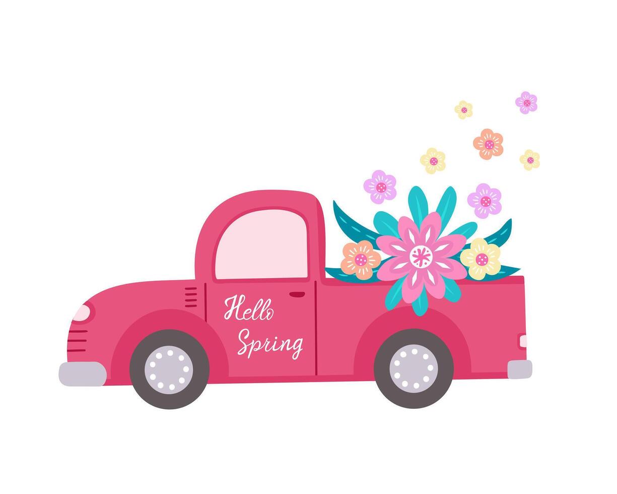 hello spring, pickup truck with flowers. Illustration for printing, backgrounds, covers and packaging. Image can be used for cards, posters, stickers and textile. Isolated on white background. vector