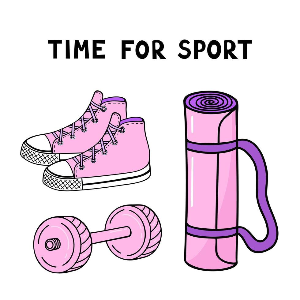 fitness equipment, time for sport. Illustration for printing, backgrounds, covers and packaging. Image can be used for cards, posters, stickers and textile. Isolated on white background. vector