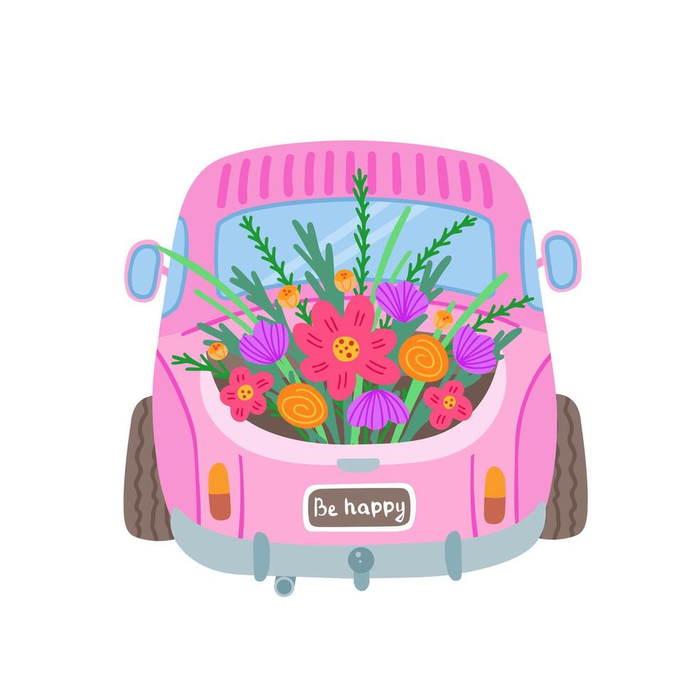 rosado recoger camión con flores, Clásico coche. ilustración para impresión, antecedentes y embalaje. imagen lata ser usado para tarjetas, carteles, pegatinas y textil. aislado en blanco antecedentes. vector
