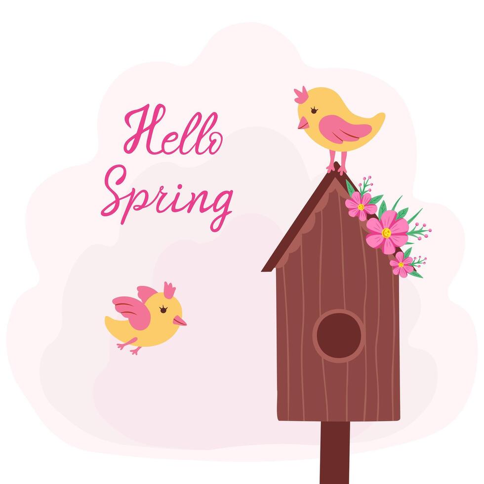 Hola primavera, pajarera con pequeño aves. ilustración para impresión, antecedentes y embalaje. imagen lata ser usado para tarjetas, carteles, pegatinas y textil. aislado en blanco antecedentes. vector