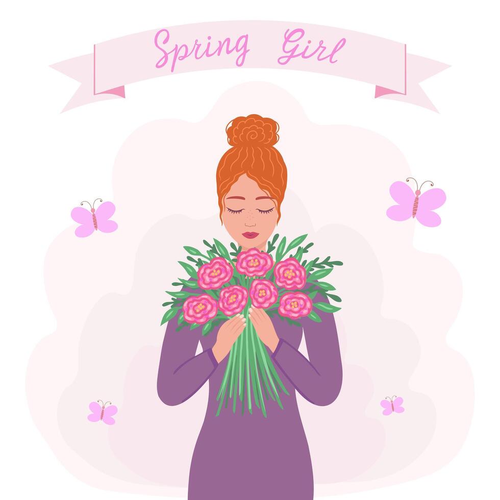 Spring girl, woman with bouquet of flowers. Illustration for printing, backgrounds, covers and packaging. Image can be used for posters, stickers and textile. Isolated on white background. vector