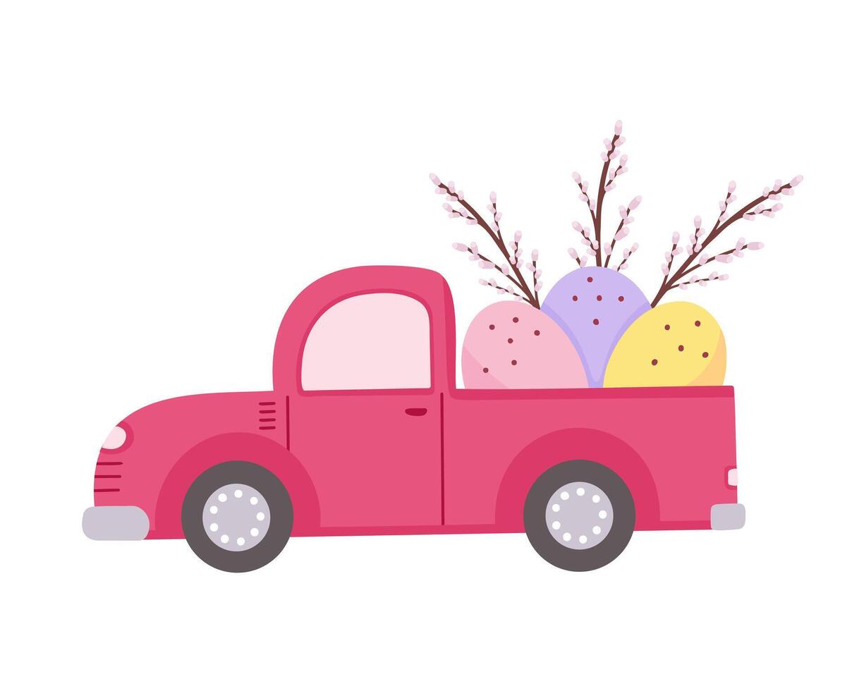 pickup truck with easter eggs. Illustration for printing, backgrounds, covers and packaging. Image can be used for greeting cards, posters, stickers and textile. Isolated on white background. vector