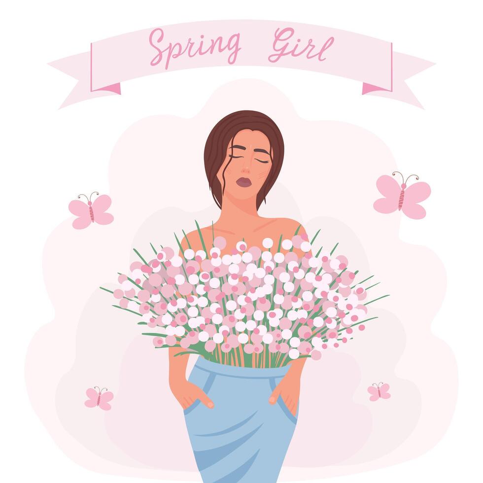 Spring girl, woman with flowers. Illustration for printing, backgrounds, covers and packaging. Image can be used for cards, posters, stickers and textile. Isolated on white background. vector
