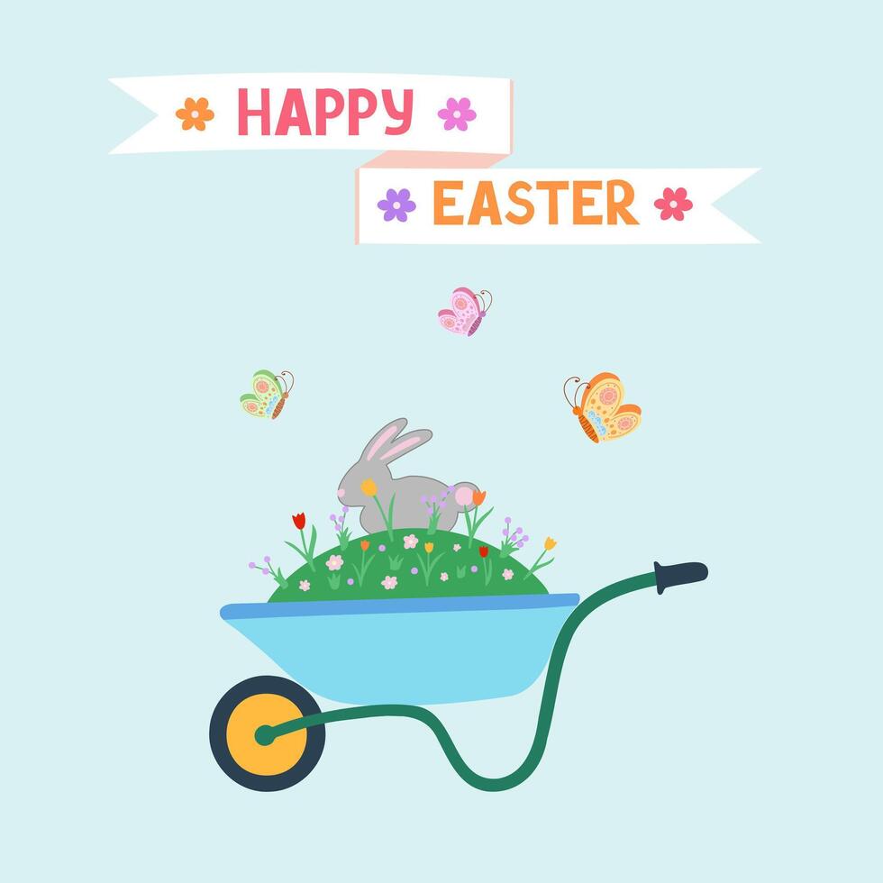 Easter garden wheelbarrow with bunny. Illustration for printing, backgrounds, covers and packaging. Image can be used for cards, posters, stickers and textile. Isolated on white background. vector