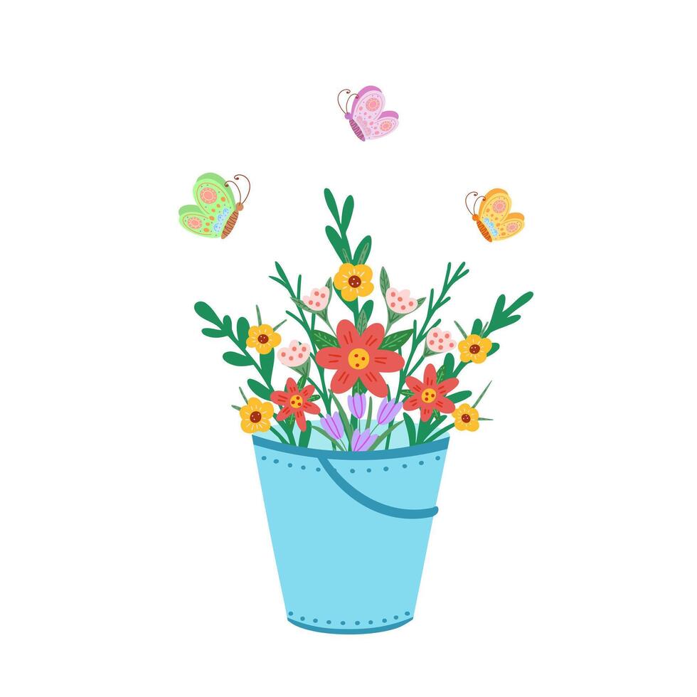 bucket with flowers and butterflies. Illustration for printing, backgrounds, covers and packaging. Image can be used for cards, posters, stickers and textile. Isolated on white background. vector