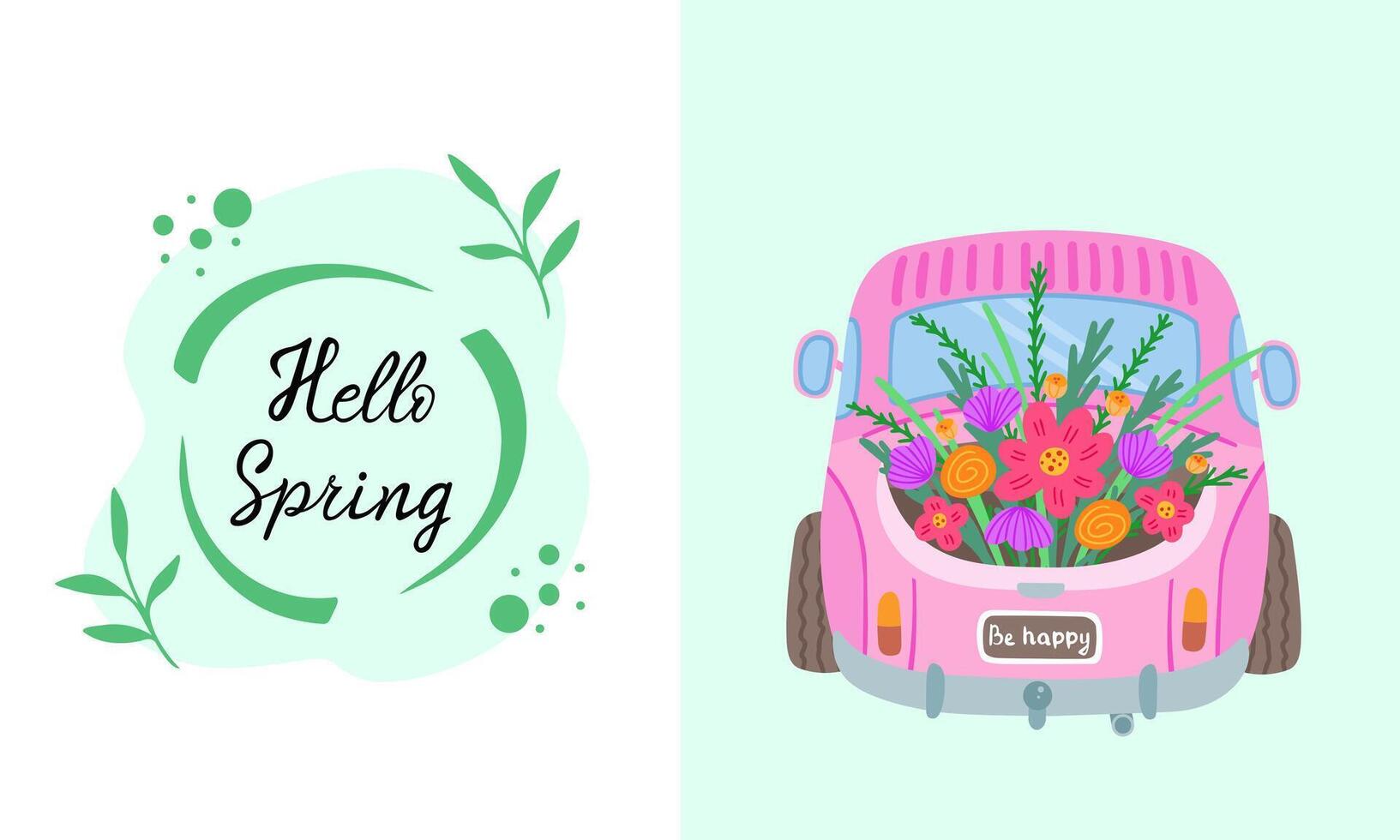 hello spring, pickup truck with flowers. Illustration for printing, backgrounds, covers and packaging. Image can be used for cards, posters, stickers and textile. Isolated on white background. vector