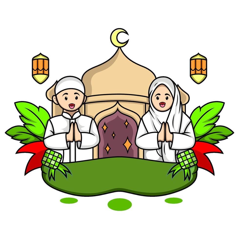 Ramadán concepto ilustración. contento musulmán personas celebrar santo mes ramadán, eid Mubarak saludo vector
