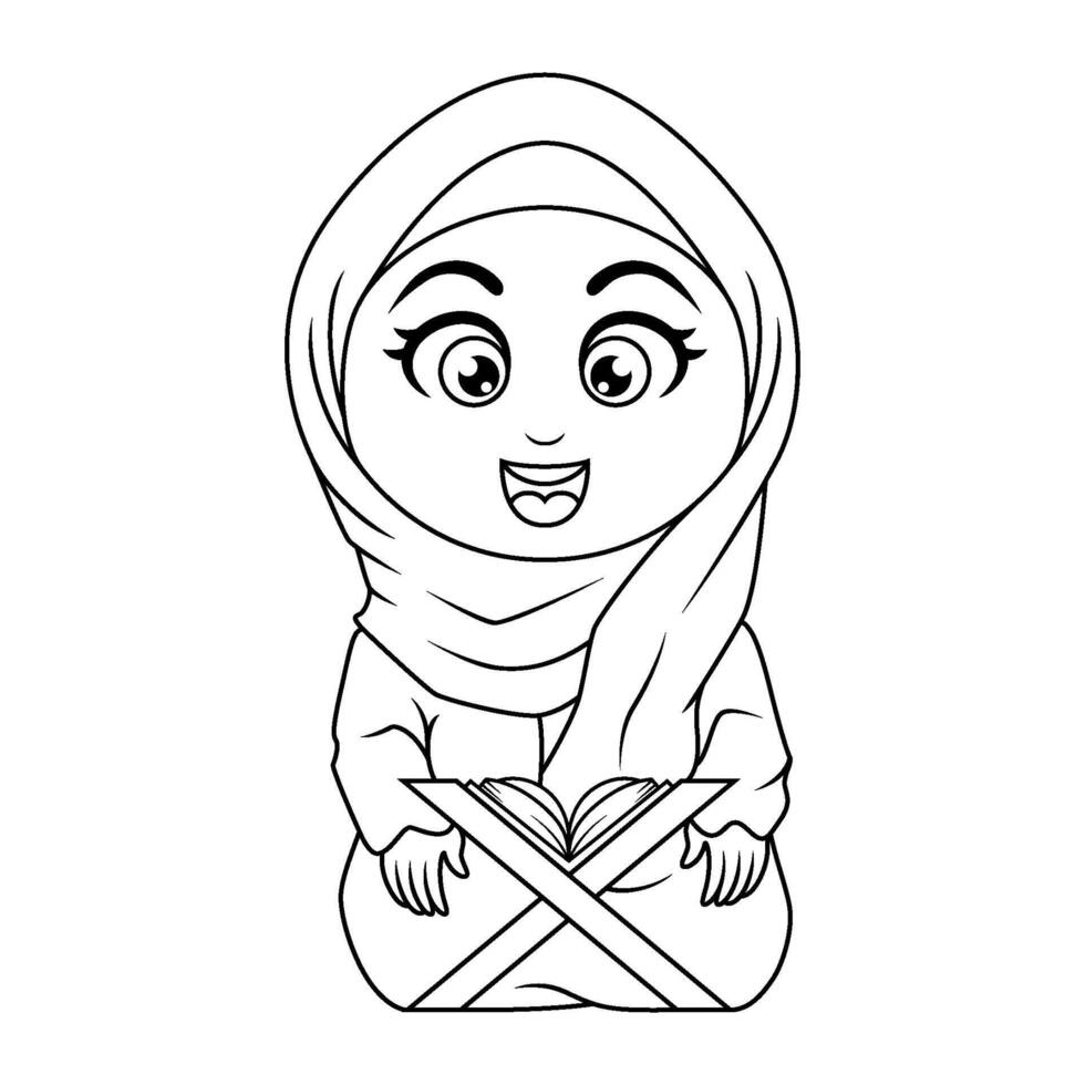 dibujos animados musulmán muchachas leyendo Corán línea Arte vector