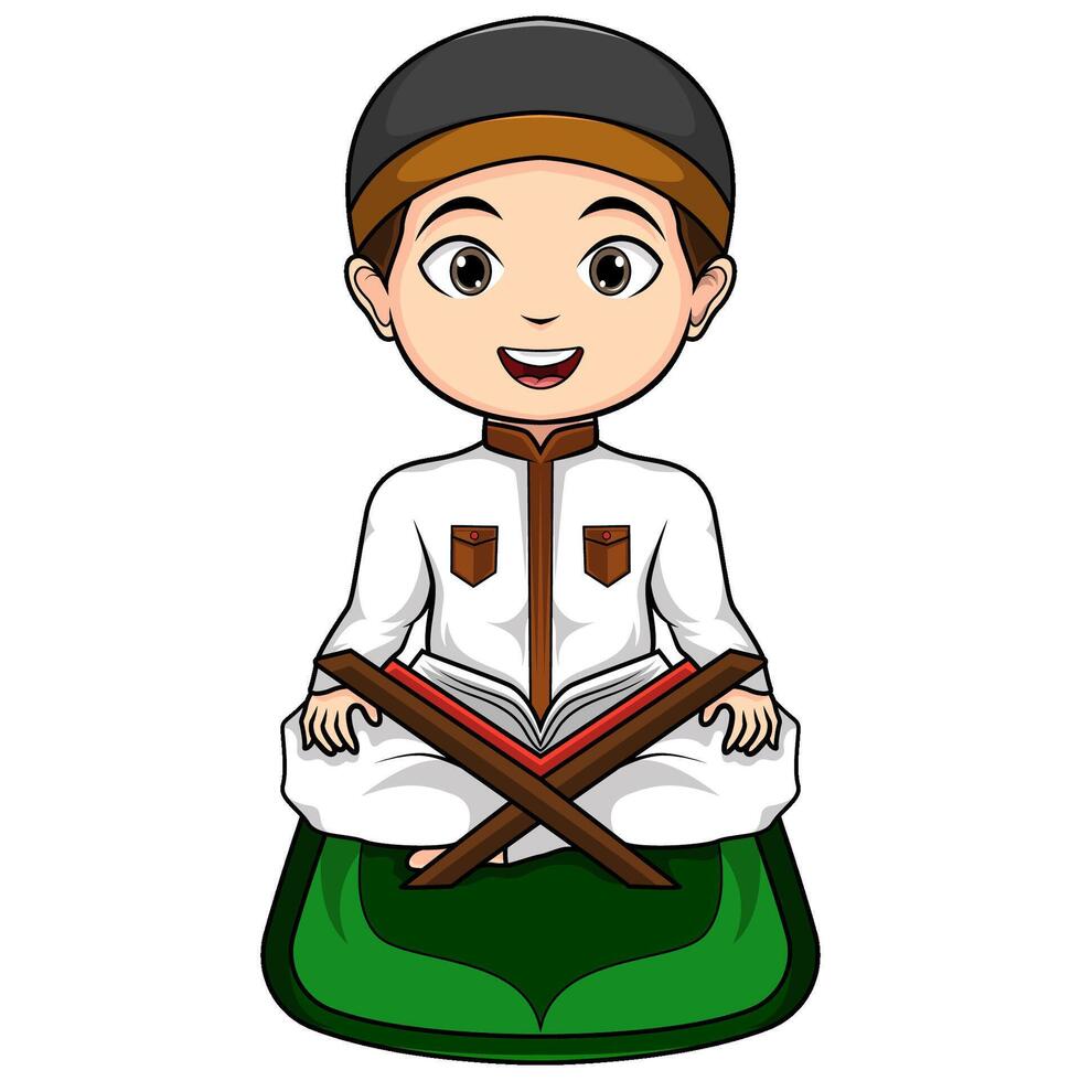 Cartoon muslim boy reading Quran vector