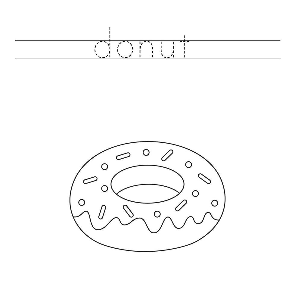 Trace the letters and color cartoon donut. Handwriting practice for kids. vector