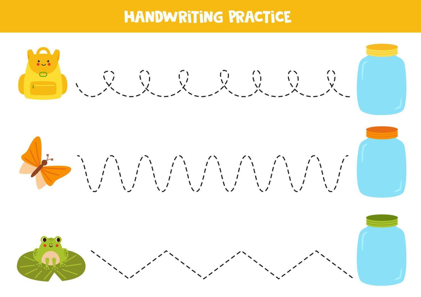 Tracing lines for kids. Cute cartoon colorful jars and items. Handwriting practice. vector