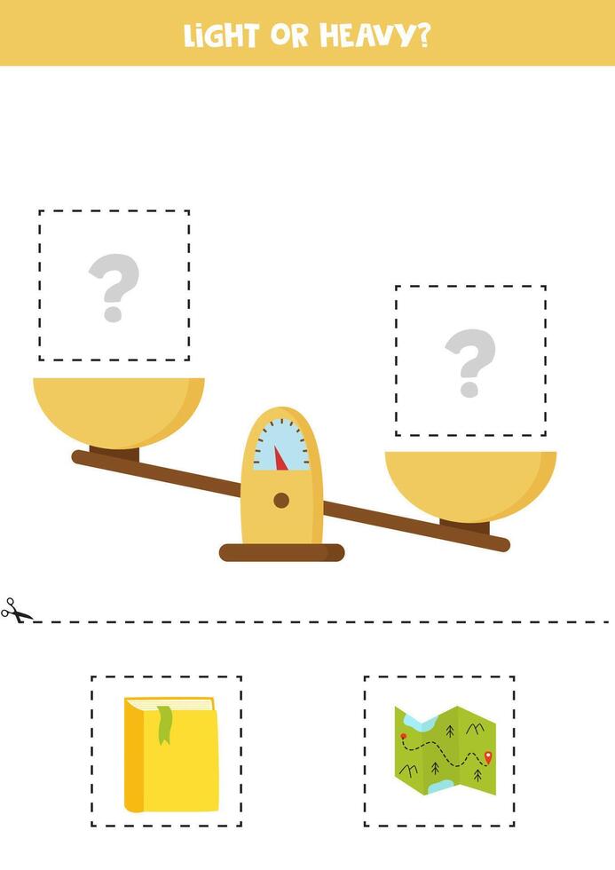 ligero, pesado o igual. corte las imágenes de abajo y péguelas en el cuadro de la derecha. vector