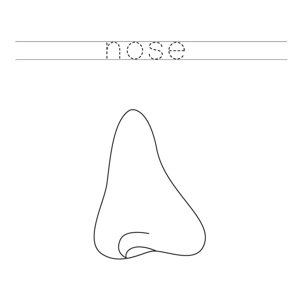 Trace the letters and color cartoon human nose. Handwriting practice for kids. vector