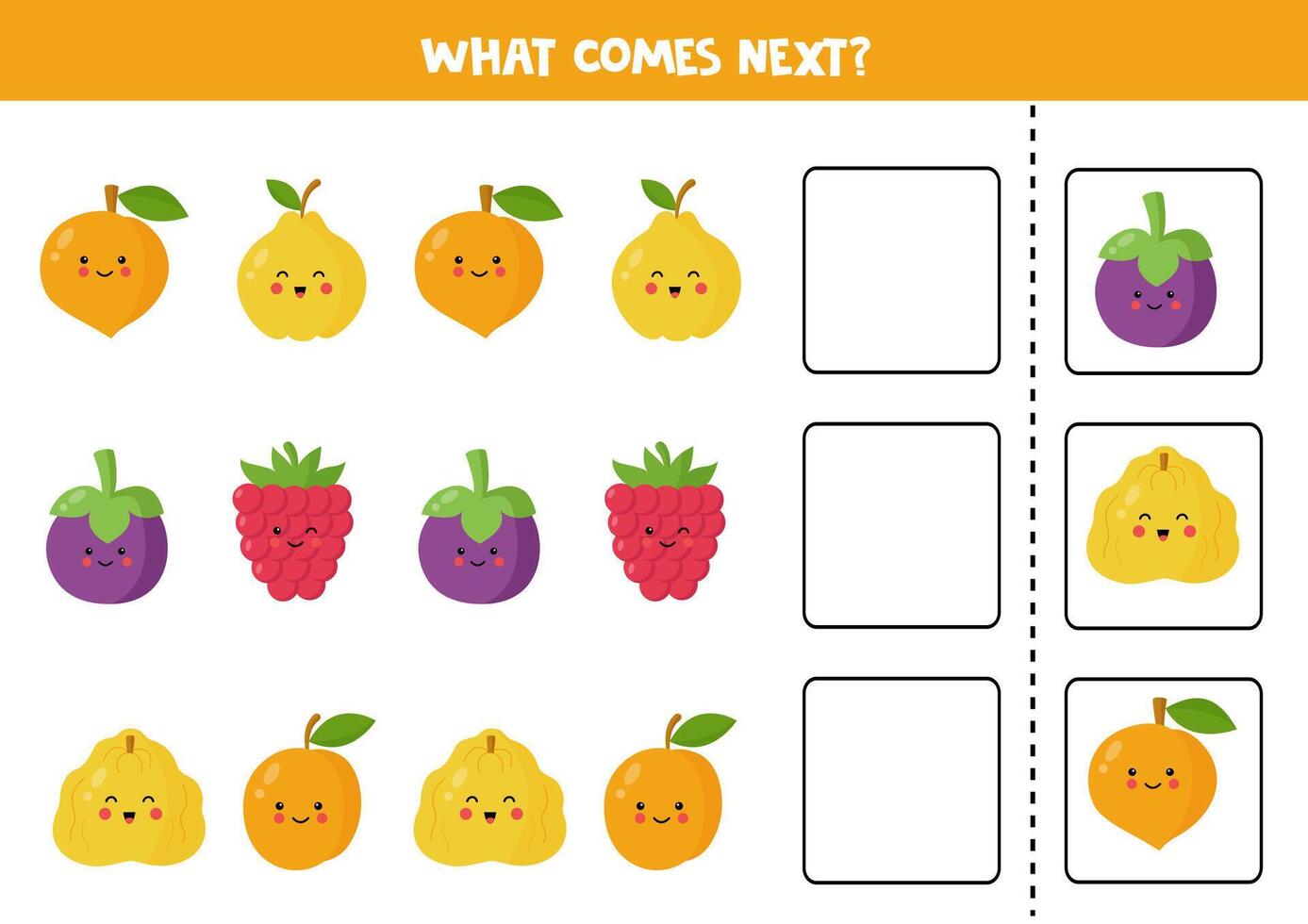 qué viene siguiente juego con linda dibujos animados frutas vector