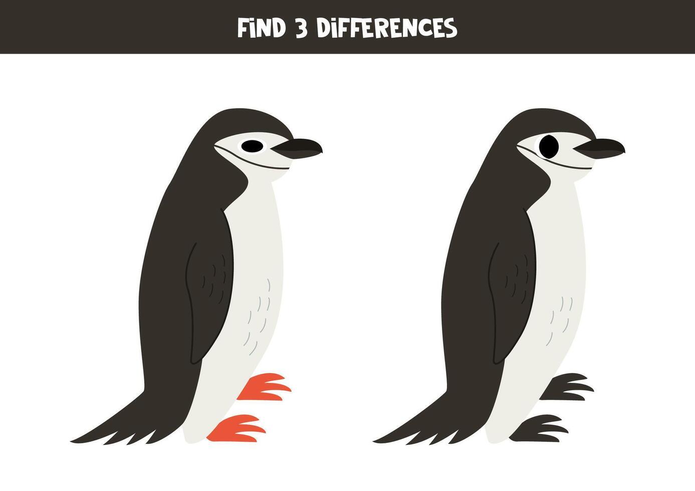 Find 3 differences between two cute cartoon chinstrap penguins. vector