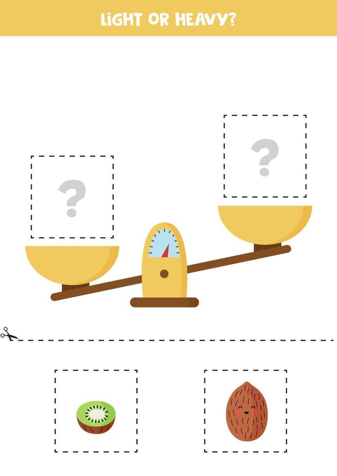 Light, heavy or equal. Cut pictures below and glue to the right box. vector