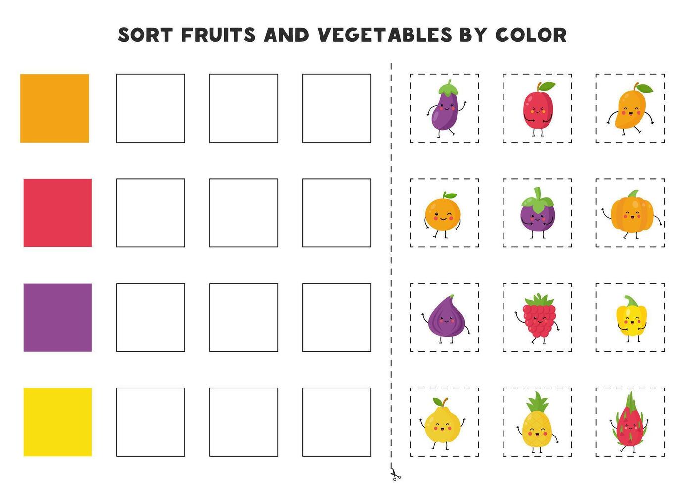 Sort fruits and vegetables by color. Basic colors for kids. Game for kids. Cut and glue. vector